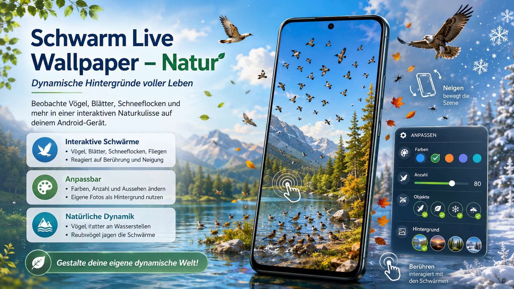 Schwarm Wallpaper – Promoansicht mit interaktiven Naturmotiven für Android